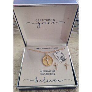 NEW 14K Gold Flash Plated Cross Necklace & Earrings Set With Cubic Zirconia By G